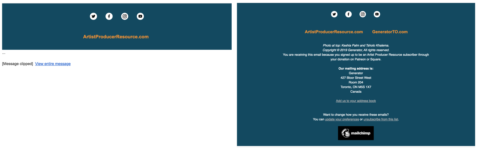 Left: The footer is cut off, meaning email recipients have to navigate away from the message to find the unsubscribe option (not so good). Right: full footer appears, including an option to unsubscribe (good). 