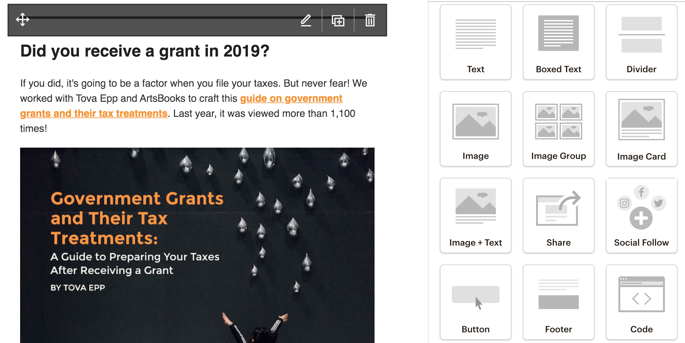 Screenshot from Mailchimp: this is what it looks like when you go to build or edit your newsletter!