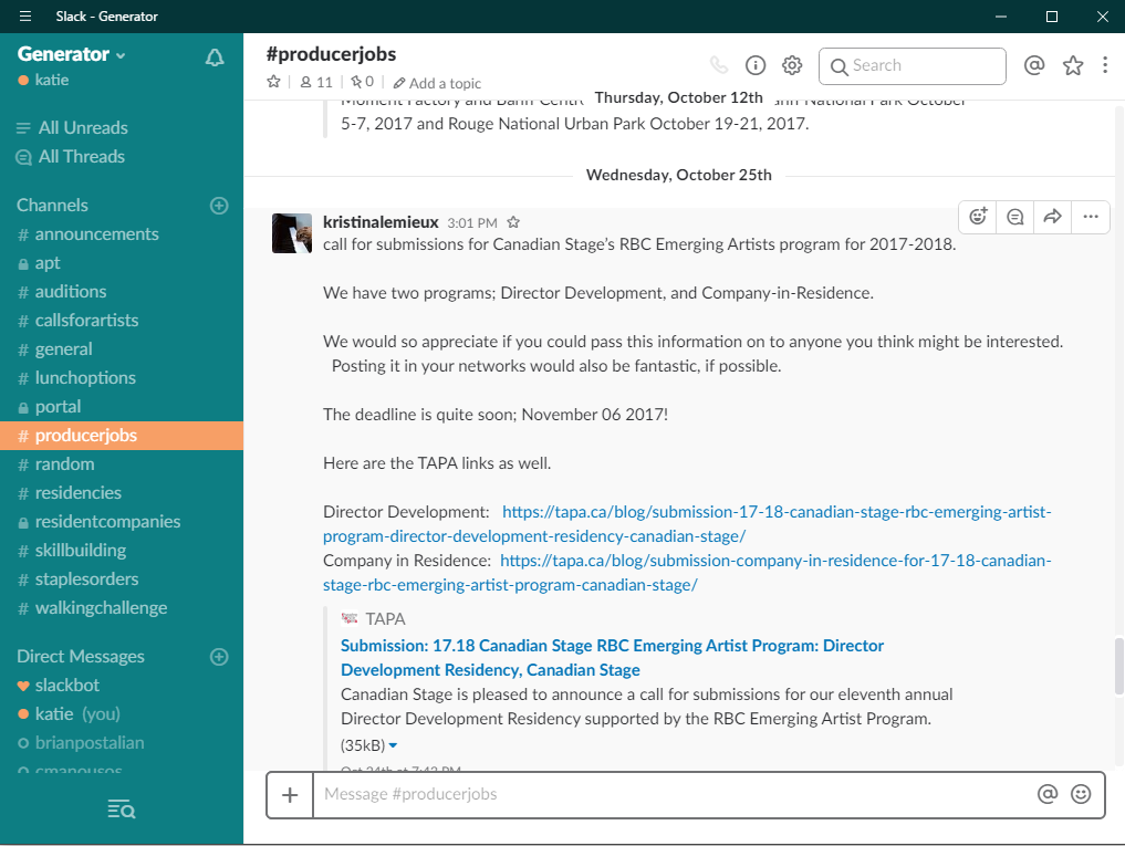 Screengrab of a Slack chat window, showing a list of different chat streams on the left beside a main pop up chat window
